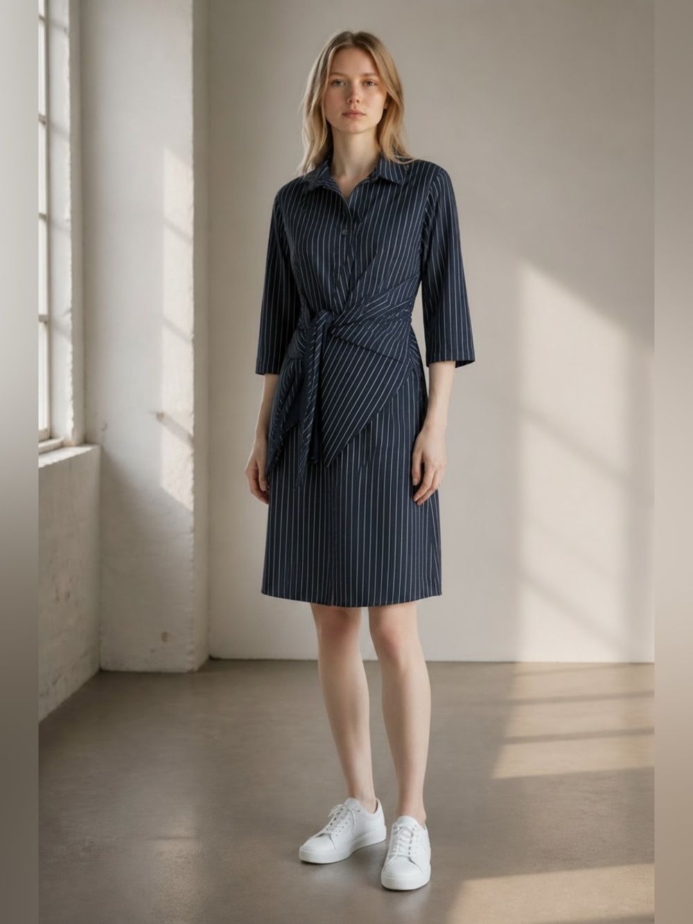 Striped Navy Tie-Waist Shirt Dress - Women's